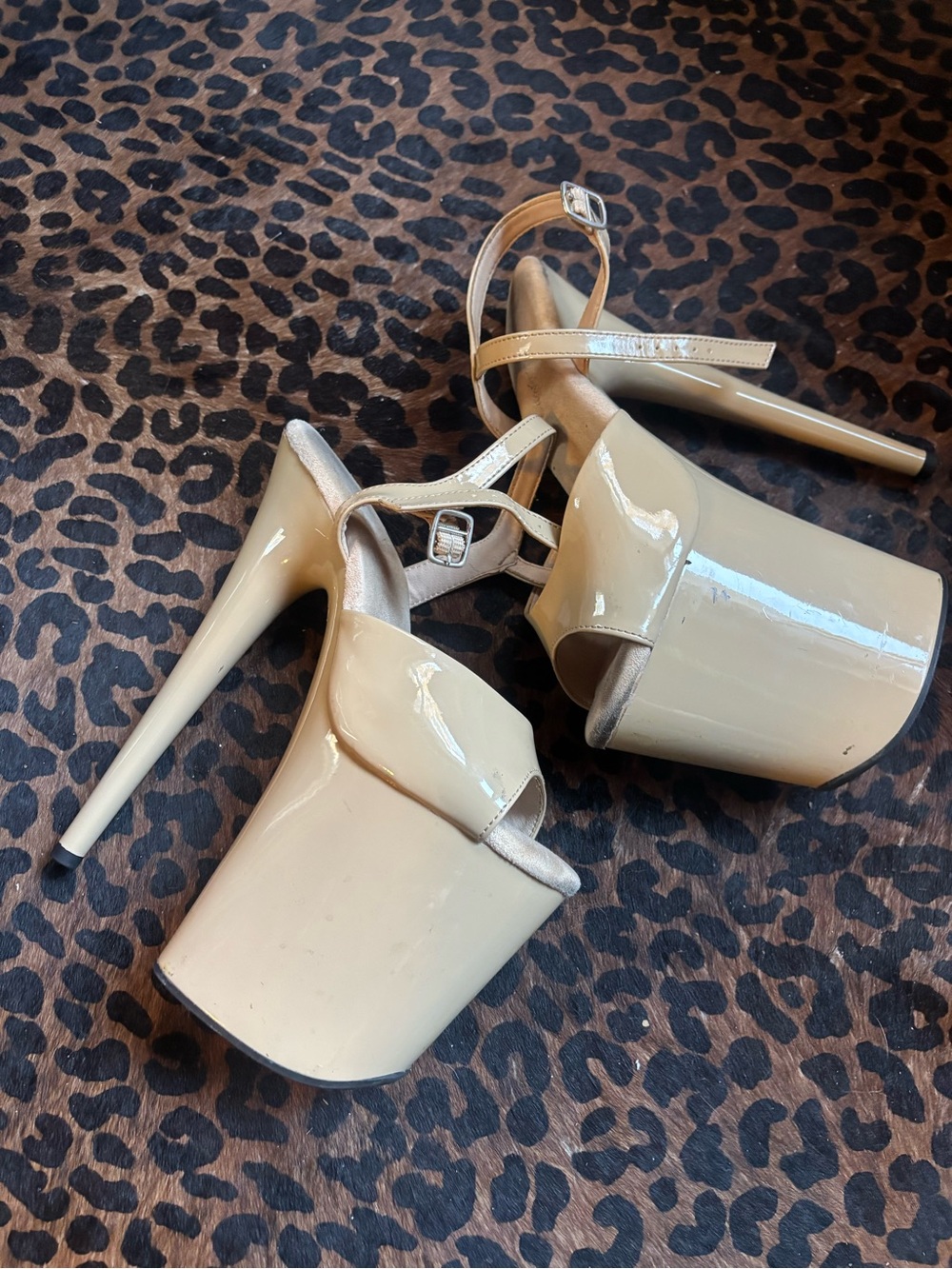 Pleaser Nude Patent Platform High Heel Sandals with Ankle Strap Exotic Dancer